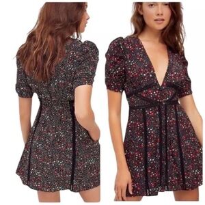 Free People Women's Black Floral V-Neck Mini Dress